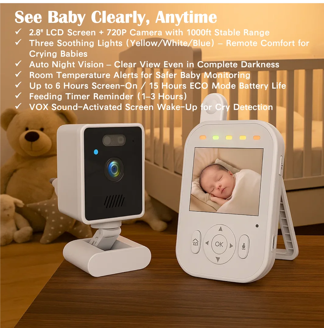Smart Baby Monitor with 2.8" Display, 720P Camera, Cry DetBabyphone mit 720P HD Kamera, 2,8 Zoll Display und Nachtsicht
ection, Long Battery Life, Compact & Portable