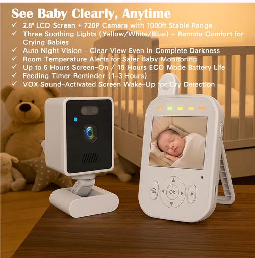 Smart Baby Monitor with 2.8" Display, 720P Camera, Cry DetBabyphone mit 720P HD Kamera, 2,8 Zoll Display und Nachtsicht
ection, Long Battery Life, Compact & Portable